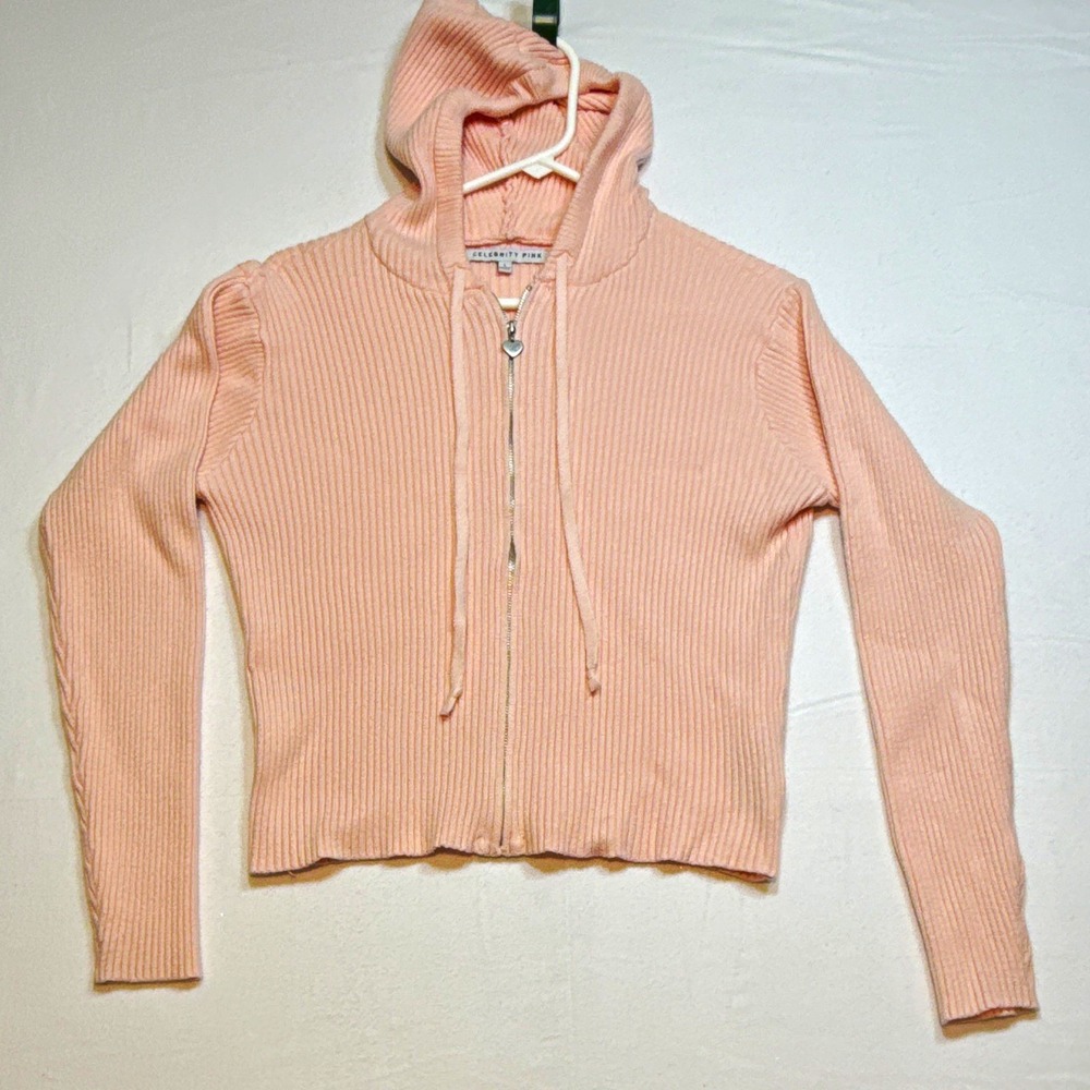 Celebrity Pink Hoodie Womens L Pink Ribbed Knit Full Zip Hooded